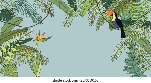 Vector illustration of exotic jungle with tropical leaves, strelitzia and toucan. Design for banner, poster, card, invitation and scrapbook