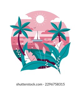 Vector illustration of an exotic landscape with a boat, palm trees and the sea.