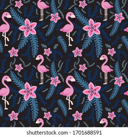 Vector illustration with exotic leaves and pink flamingos. seamless pattern.  