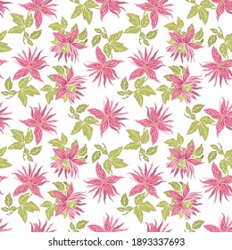 Vector illustration of exotic pink flowers and leaves. Floral pattern. White background. Suitable for fabric, wallpaper, notebooks, diaries, brochures, books, posters, backgrounds, covers, textiles