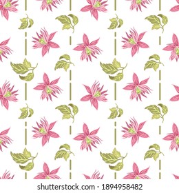 Vector illustration of exotic pink flowers and leaves. Floral pattern. White background. Suitable for fabric, wallpaper, notebooks, diaries, brochures, books, posters, backgrounds, covers, textiles