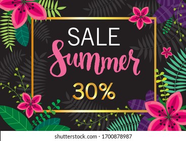 Vector illustration with exotic plants, leaves, flowers, pink flamingos and palm trees. background for summer sale. lettering inscription