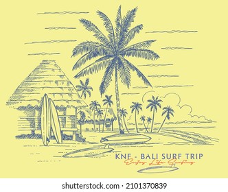 Vector illustration of exotic tropical landscape with surfing elements.