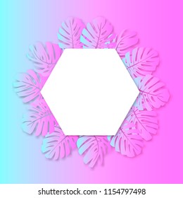 vector illustration. exotic tropical monstera leaves. paper banner hexagon. blue and pink gradient background
