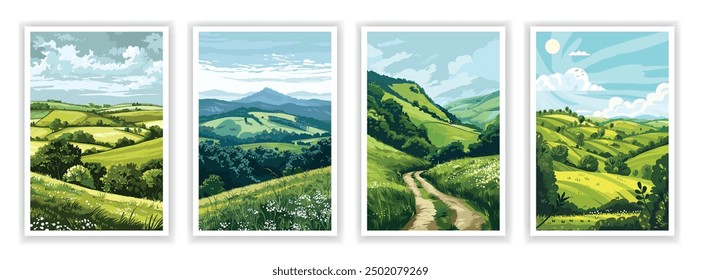 Ilustración vectorial. Amplio paisaje de meseta con terreno plano y montañas distantes. Vista panorámica con cielos abiertos y belleza natural. Elementos de diseño para carteles, portadas de libros, folletos, revistas