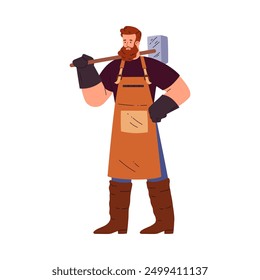 Vector illustration with an experienced blacksmith holds a metal hammer. Wearing protective gloves and an apron, he embodies the essence of ancient craftsmanship.