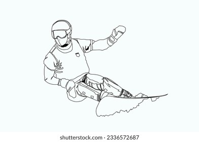 Vector illustration. An experienced snowboarder descends from the mountain. Line drawing. Minimalistic design