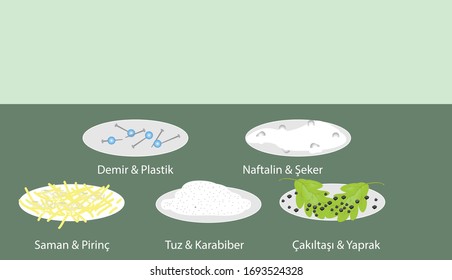 Vector Illustration of an Experiment Iron Dust and Plastic, Hay and Rice, Pebble and Leaf, Salt and Pepper, Sugar and Naphthalene, Separation Experiment for Student Online Education