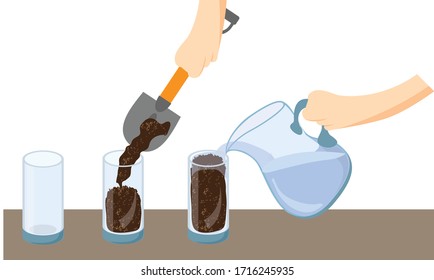 Vector Illustration of an Experiment with Soil and Water. Water Dropping inside a Glass with Soil. Soil Experiment 