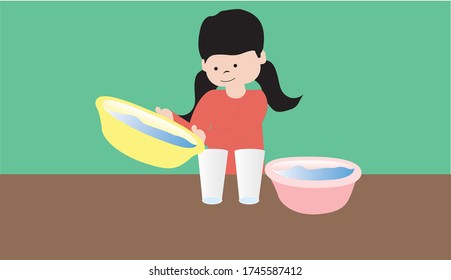 Ilustración vectorial de un experimento con dos vasos de agua, caliente y frío experimento de agua para educación en línea