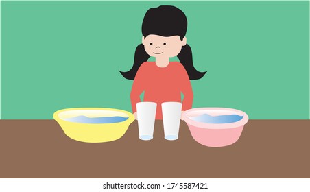 Ilustración vectorial de un experimento con dos vasos de agua, caliente y frío experimento de agua para educación en línea