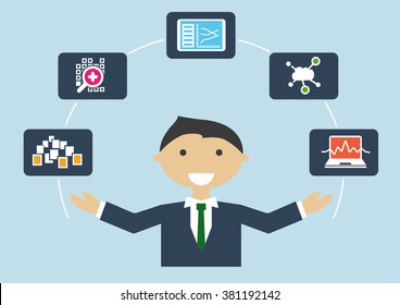 Vector Illustration Of IT Expert With Job Profile Of A Big Data Scientist Or Analyst 