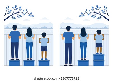 Vector illustration explaining the concept of equality versus equity, featuring three people of different heights trying to look over a fence, demonstrating how equal distribution differs from fair, needs-based support.