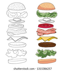 Vector illustration of Exploded Hamburger with flying ingredients on white background with Line and Color Painted.