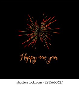 Vector illustration of exploding red fireworks on black background and text Happy new year