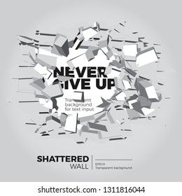 Vector illustration of exploding wall. Shattered stone bricks in dynamics. Free center area for image or text. Background for teasers, revealing banners.