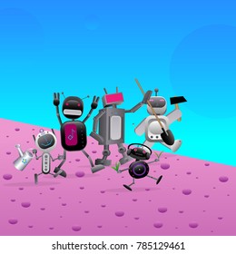 Vector illustration of the exploration of another planet by a team of five robots