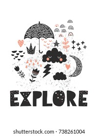 Vector illustration. Explore. Scandinavian style art for kids. Poster for nursery room. 