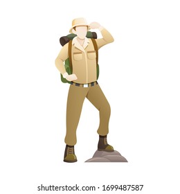 Vector illustration an Explorer with hat and backpack. People to explore the jungle, Man enjoying scenic landscape. Explorer cartoon character, Outdoor activity. Vector illustration in flat style