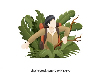 Vector Illustration Explorer Lost In The Forest. People To Explore The Jungle, Man Breaks Through Plants In The Forest. Explorer Cartoon Character, Outdoor Activity. Vector Illustration In Flat Style