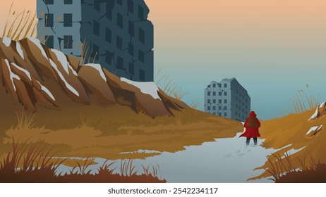 Ilustración vectorial de un explorador en un abrigo rojo explorando una ciudad abandonada a través de un camino nevado