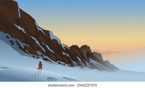 Ilustración vectorial de un explorador en un abrigo rojo explorando una montaña nevada