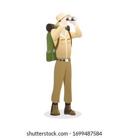 Vector illustration an Explorer using binocular. People to explore the jungle, Man with binoculars enjoying scenic landscape. Explorer cartoon character, Outdoor activity. Vector in flat style