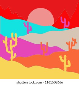 Vector illustration. Exploring Africa. Extreme tourism and traveling. Birds. Horizon line with sky. Desert trip. Design on red, yellow and pink colors. Back to nature. Mountains. Sands.