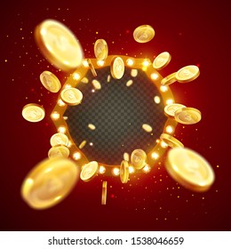 Vector illustration of an explosion of gold coins in a retro frame. Vintage frame with incandescent lamps. Background for the casino.