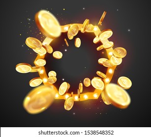 Vector illustration of an explosion of gold coins in a retro frame. Vintage frame with incandescent lamps. Background for the casino.