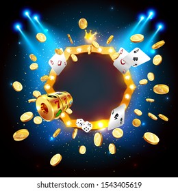 Vector illustration of an explosion of gold coins in a retro frame. Vintage frame with incandescent lamps. Background for the casino.