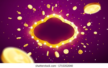 Vector illustration of an explosion of gold coins in a retro frame. Vintage frame with incandescent lamps. Background for the casino.