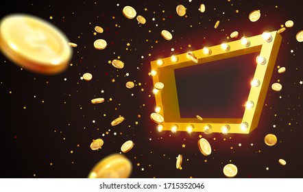 Vektorillustration-Illustration einer Explosion von Goldmünzen in einem Retrorahmen. Vintage-Rahmen mit Glühlampen. Hintergrund für das Casino.
