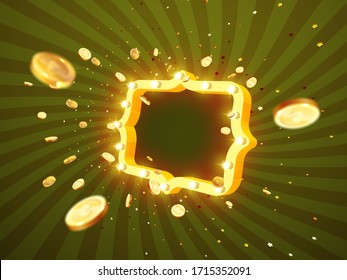 Vector illustration of an explosion of gold coins in a retro frame. Vintage frame with incandescent lamps. Background for the casino.