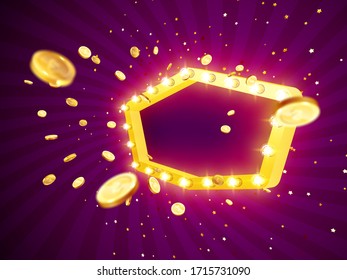 Vector illustration of an explosion of gold coins in a retro frame. Vintage frame with incandescent lamps. Background for the casino.