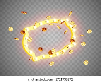 Vector illustration of an explosion of gold coins in a retro frame. Vintage frame with incandescent lamps. Background for the casino.