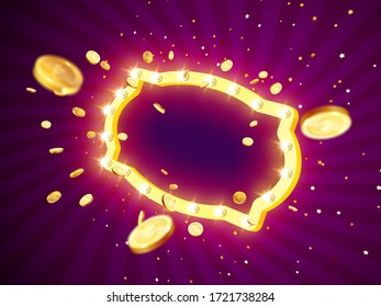 Vector illustration of an explosion of gold coins in a retro frame. Vintage frame with incandescent lamps. Background for the casino.