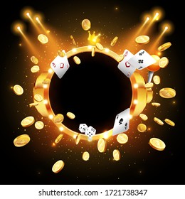 Vector illustration of an explosion of gold coins in a retro frame. Vintage frame with incandescent lamps. Background for the casino.