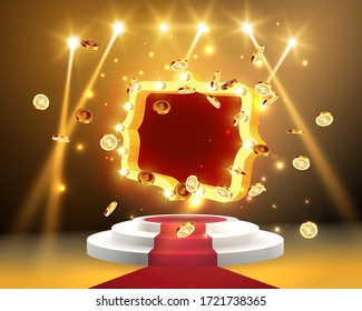Vector illustration of an explosion of gold coins on a red carpet with a round podium and retro frame illuminated by spotlights. Retro frame Background for the casino.