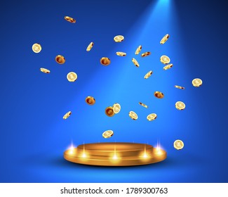 Vector illustration of an explosion of gold coins with a round podium. Background for the casino.