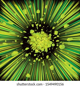 Vector illustration of explosion or powerful burst with fiery rays and numerous debris and shrapnel.