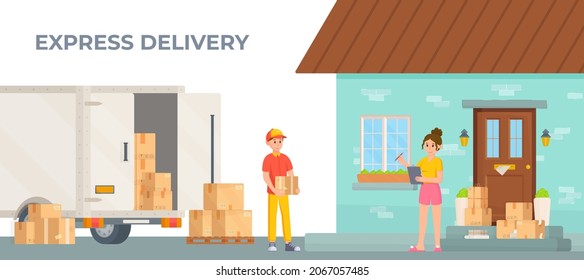 Vector illustration of express delivery to the customer. Deliverer and girl in flat style, boxes and delivery machine in the background of the house. Safe delivery.