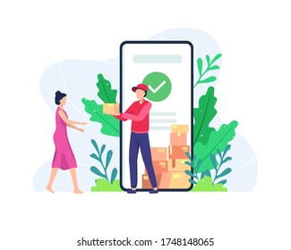 Ilustración vectorial Servicio de entrega Express. Courier entrega el paquete desde la pantalla del smartphone. Compra en línea, ilustración logística de Ecommerce shop. Entregar el paquete al comprador, Vector en forma plana