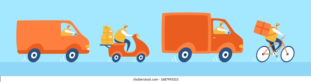 Vector illustration Express delivery. Set of transport elements with a deliver guy. Courier on a van, bike, truck and bicycle. Quarantine period shipping. Online shop transportation. 