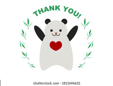 Vector illustration of express gratitude. "Thank you", panda and red heart.