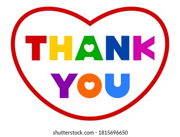 Vector illustration of express gratitude. "Thank you", heart and colorful font.