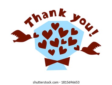 Vector illustration of express gratitude. "Thank you", hearts and birds.
