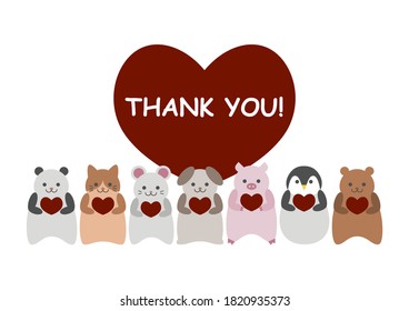 Vector illustration of express gratitude. "Thank you", animals and red heart.