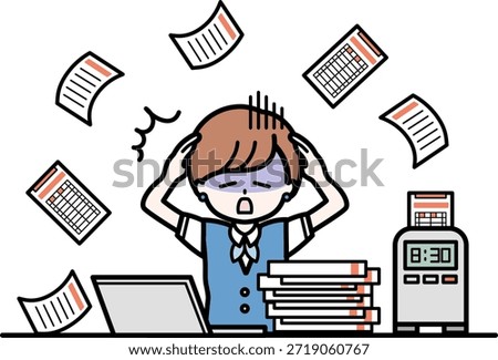 Vector illustration expressing the stress of office work, card tallying, frequent mistakes, and overtime
