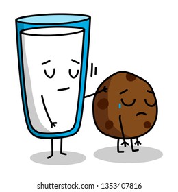 Vector illustration. Expression of feelings through the mascot. A glass of milk and cookie. Illustration for wrapping paper, cards, posters. Cookie crying, tears, pain. Glass of milk supports, soothes